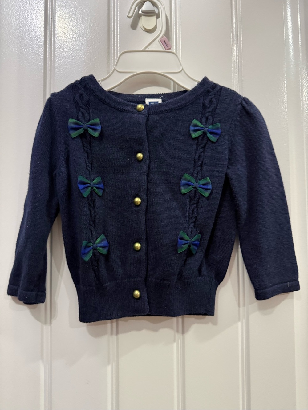 Janie and Jack Navy Knit Cardigan with Green-Blue Bow Accents